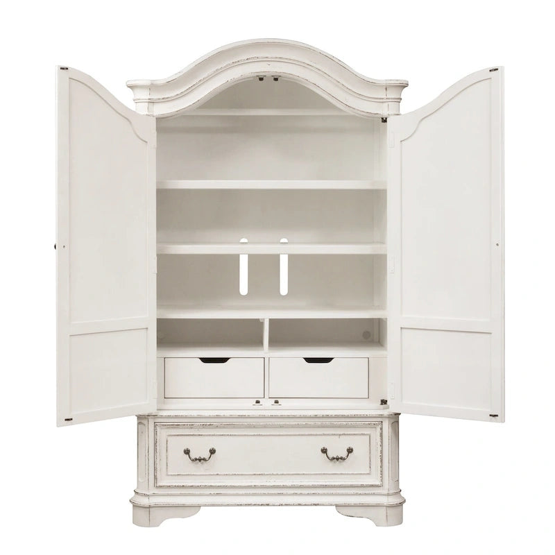 Armoire Blanche Antique avec Portes Enveloppantes et Étagères Réglables – Style Traditionnel Européen, Usage Familial