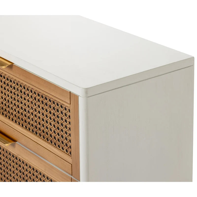 Table de chevet blanche/noire à 3 tiroirs avec façade en rotin – Style campagnard et scandinave, usage unique