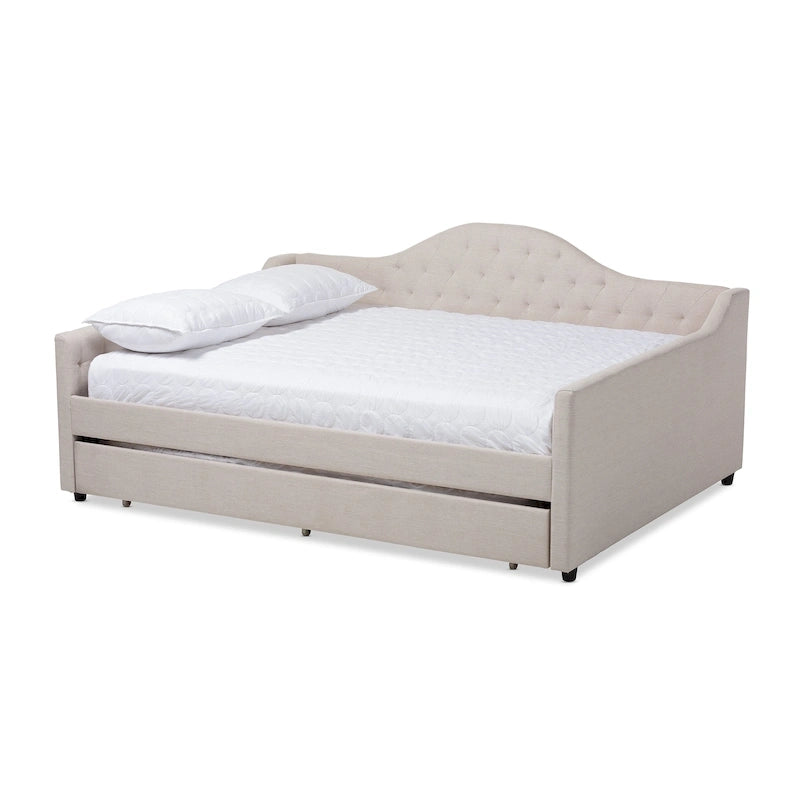 Lit de repos capitonné gris/beige avec lit gigogne escamotable – Style contemporain, 1 à 2 personnes