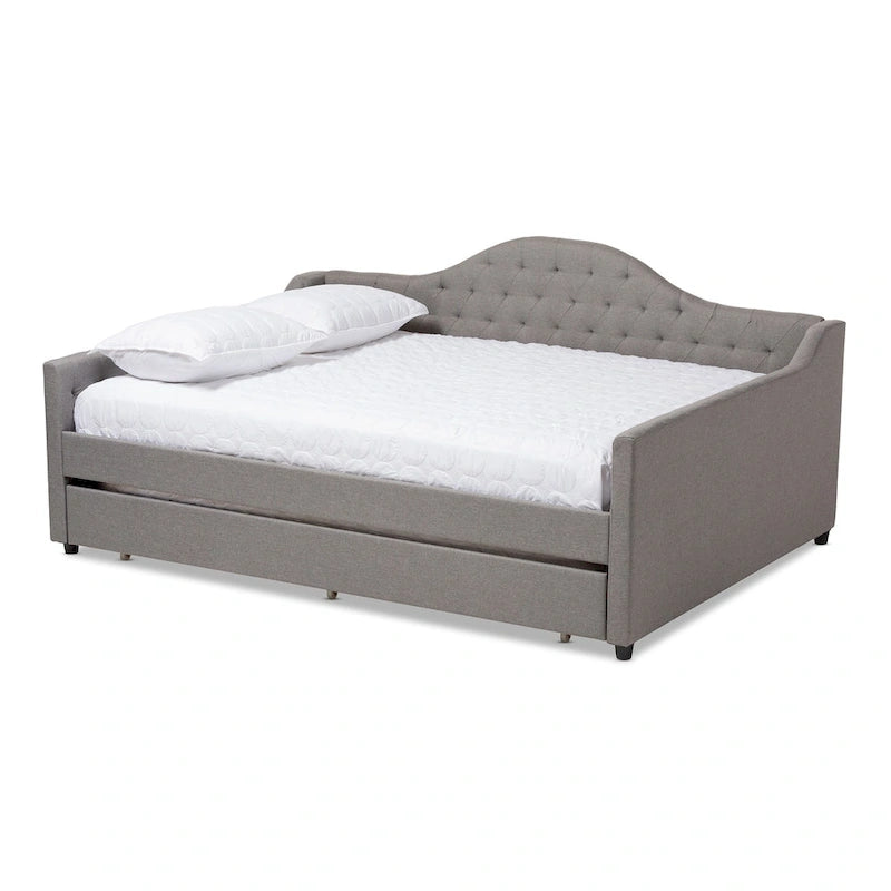 Lit de repos capitonné gris/beige avec lit gigogne escamotable – Style contemporain, 1 à 2 personnes