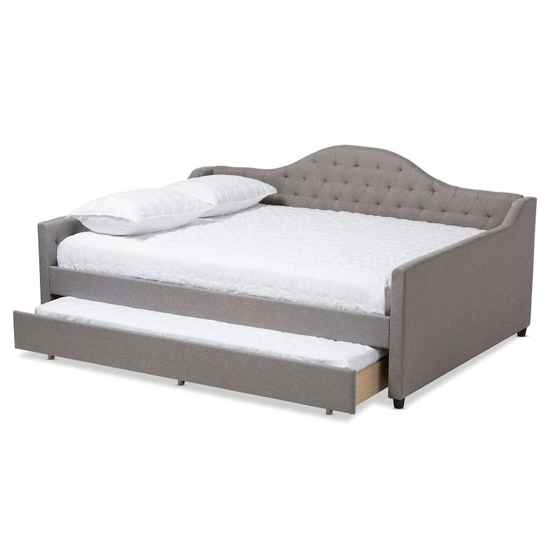Lit de repos capitonné gris/beige avec lit gigogne escamotable – Style contemporain, 1 à 2 personnes
