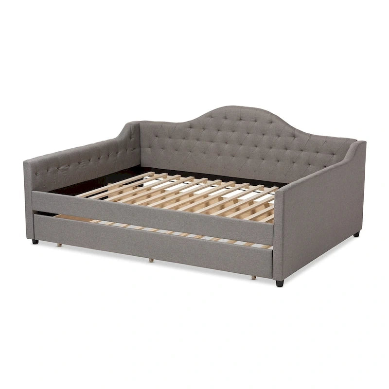 Lit de repos capitonné gris/beige avec lit gigogne escamotable – Style contemporain, 1 à 2 personnes