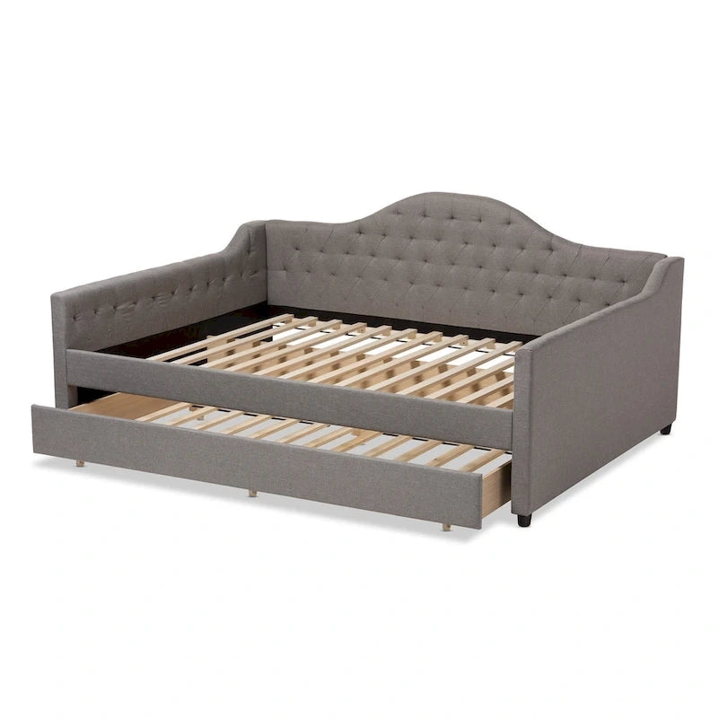 Lit de repos capitonné gris/beige avec lit gigogne escamotable – Style contemporain, 1 à 2 personnes