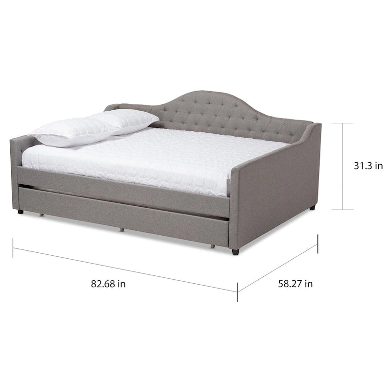 Lit de repos capitonné gris/beige avec lit gigogne escamotable – Style contemporain, 1 à 2 personnes
