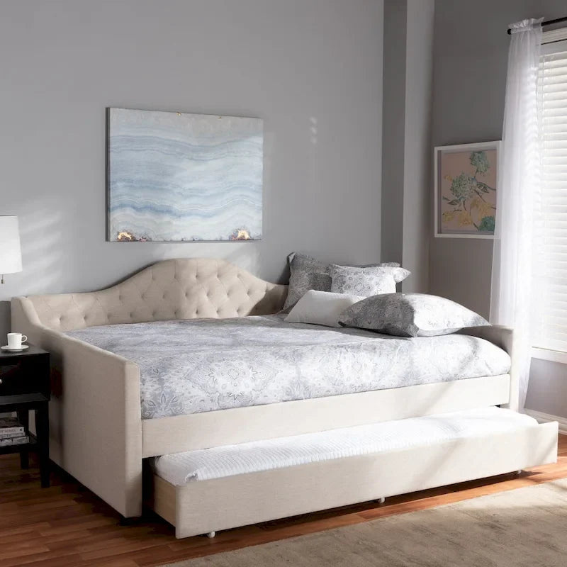Lit de repos capitonné gris/beige avec lit gigogne escamotable – Style contemporain, 1 à 2 personnes