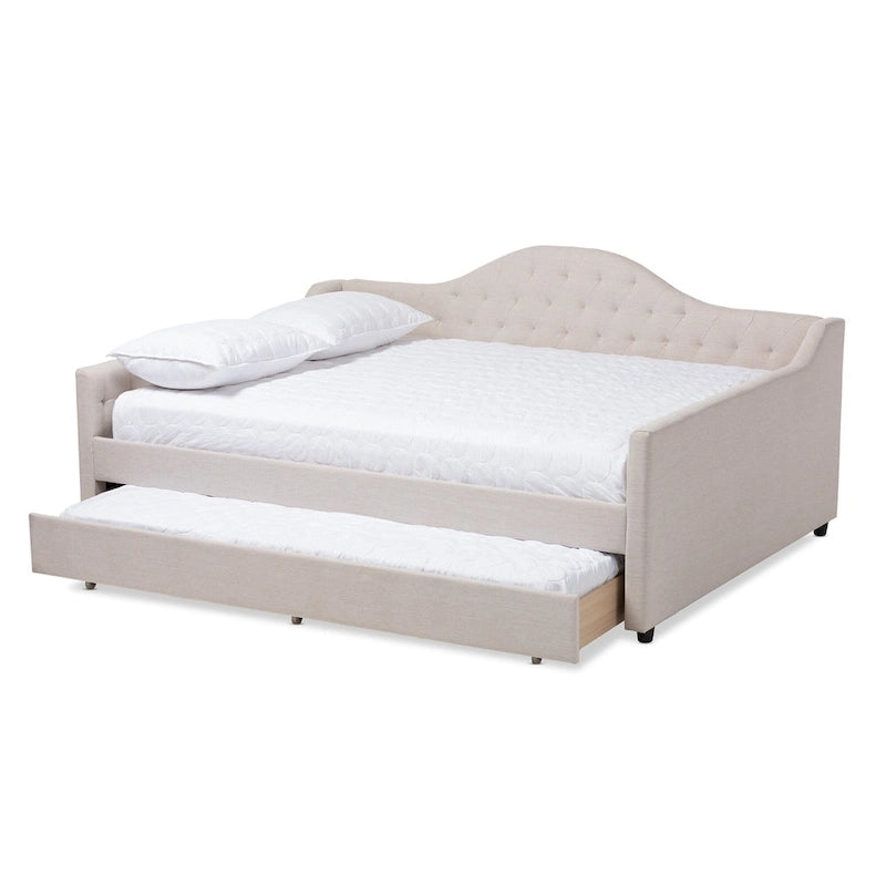 Lit de repos capitonné gris/beige avec lit gigogne escamotable – Style contemporain, 1 à 2 personnes