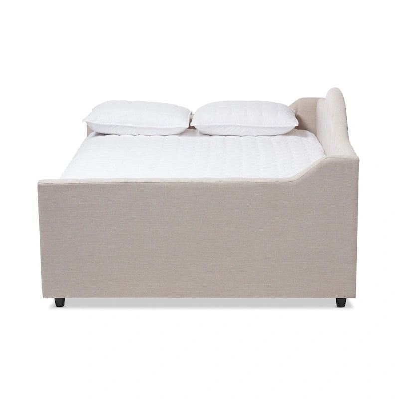 Lit de repos capitonné gris/beige avec lit gigogne escamotable – Style contemporain, 1 à 2 personnes