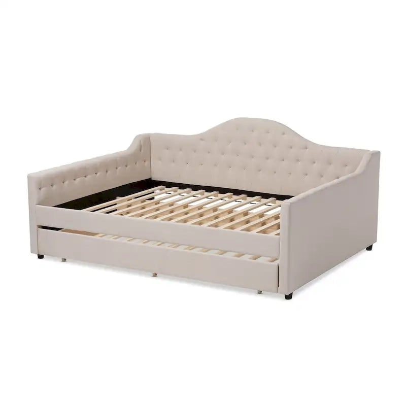 Lit de repos capitonné gris/beige avec lit gigogne escamotable – Style contemporain, 1 à 2 personnes