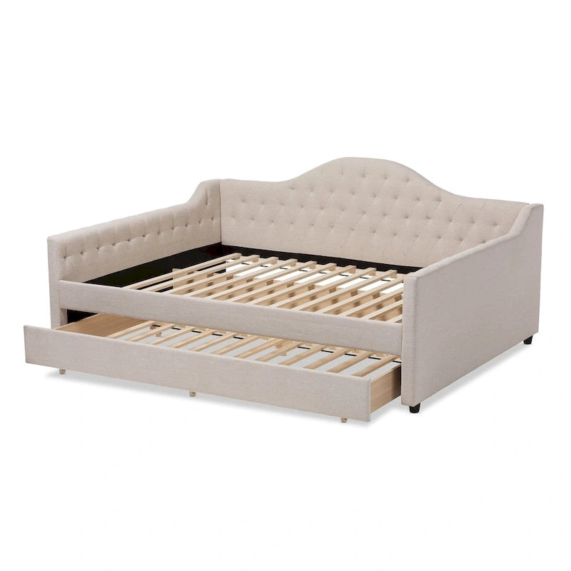 Lit de repos capitonné gris/beige avec lit gigogne escamotable – Style contemporain, 1 à 2 personnes