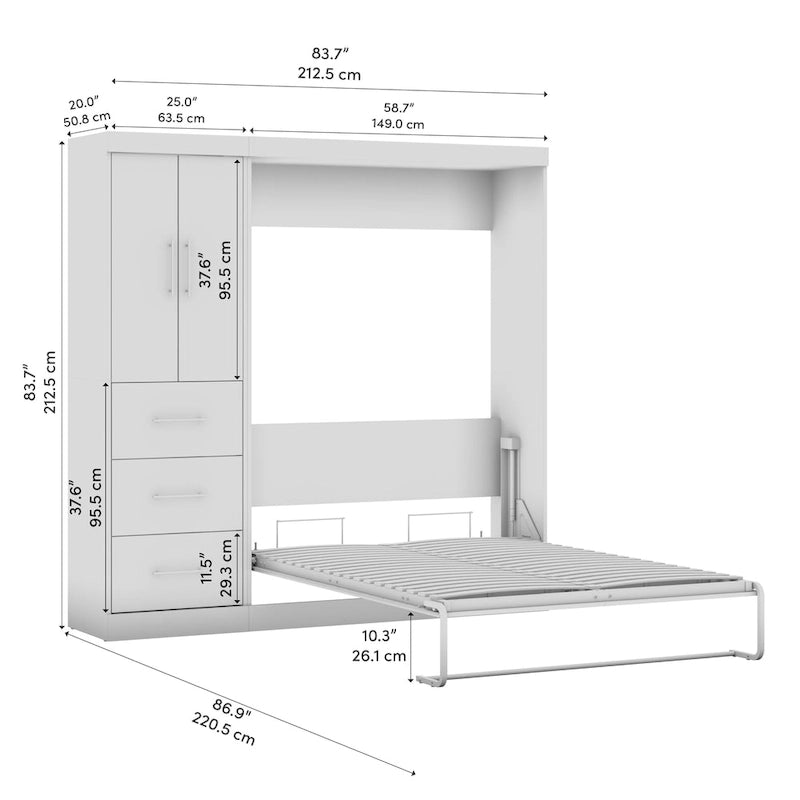 Blanc / Antigua / Gris écorce / Lit escamotable double gris écorce et blanc avec armoire et organiseur de placard – 84"L, 2 couchages