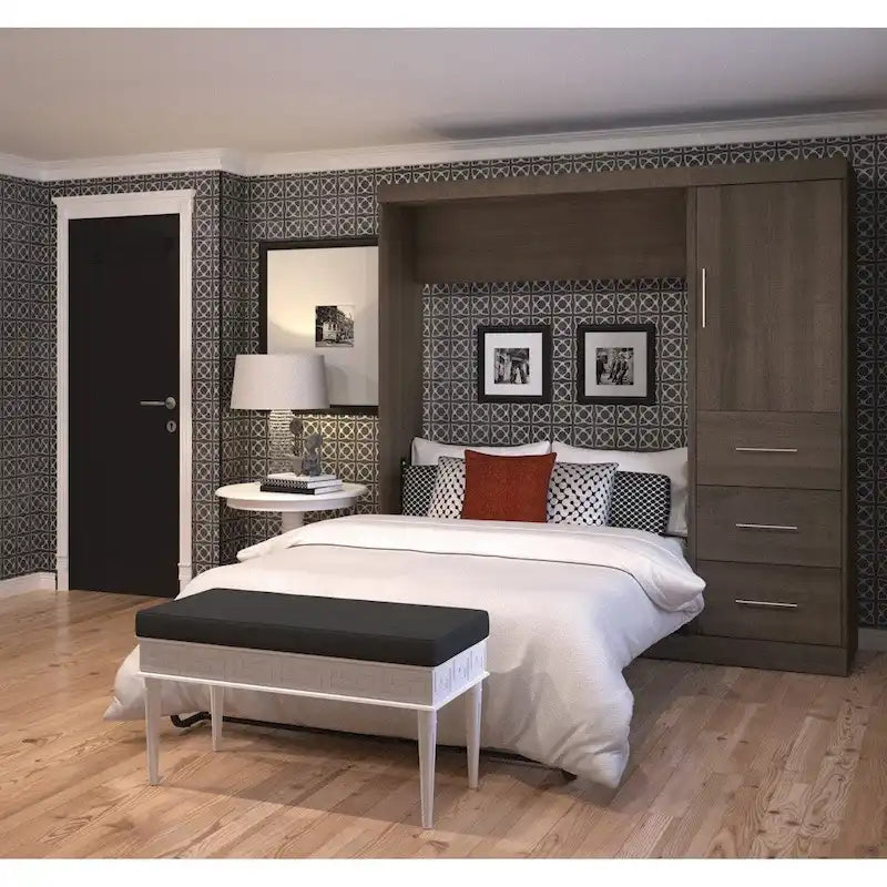 Blanc / Antigua / Gris écorce / Lit escamotable double gris écorce et blanc avec armoire et organiseur de placard – 84"L, 2 couchages