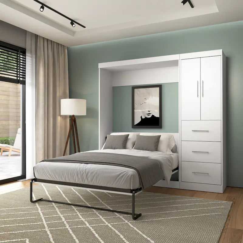 Blanc / Antigua / Gris écorce / Lit escamotable double gris écorce et blanc avec armoire et organiseur de placard – 84"L, 2 couchages