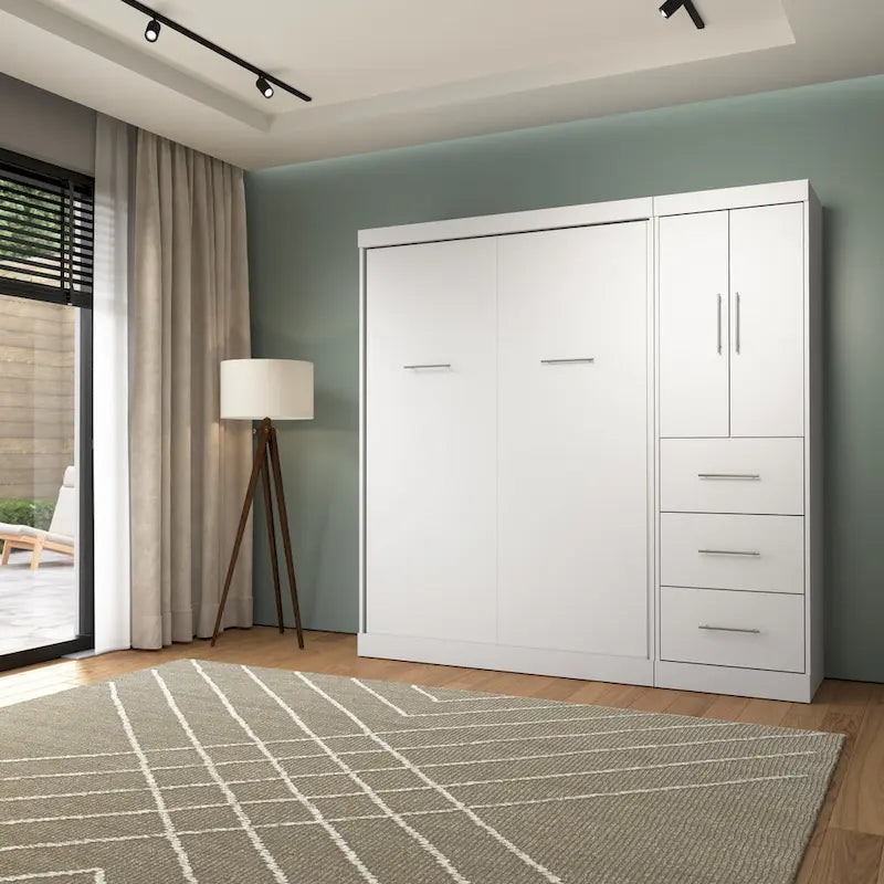 Blanc / Antigua / Gris écorce / Lit escamotable double gris écorce et blanc avec armoire et organiseur de placard – 84"L, 2 couchages