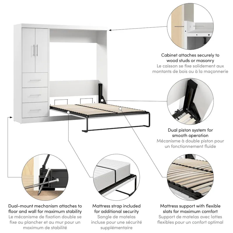 Blanc / Antigua / Gris écorce / Lit escamotable double gris écorce et blanc avec armoire et organiseur de placard – 84"L, 2 couchages