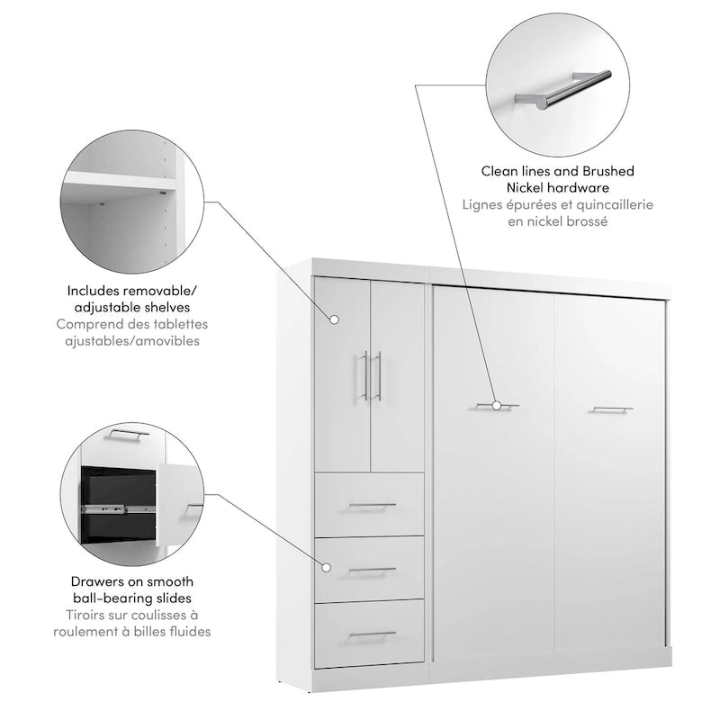 Blanc / Antigua / Gris écorce / Lit escamotable double gris écorce et blanc avec armoire et organiseur de placard – 84"L, 2 couchages