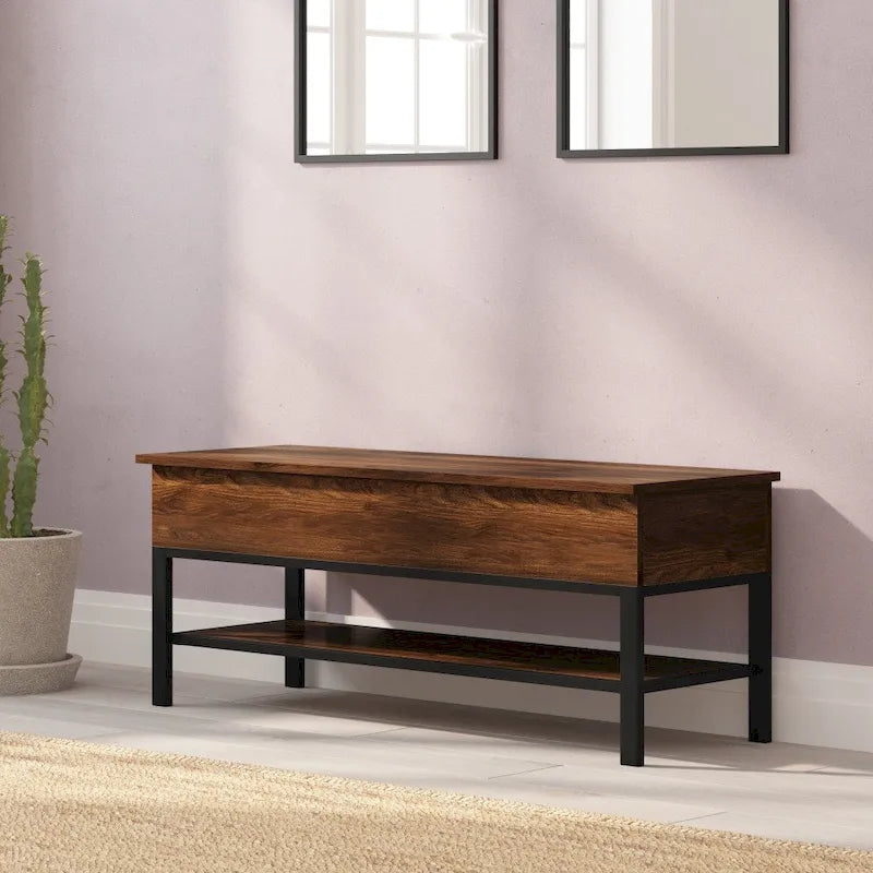 Banc de rangement relevable rustique en chêne/noyer/gris avec étagère inférieure – Style rustique, pour 1 à 2 personnes