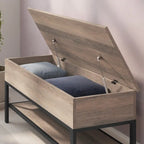 Banc de rangement relevable rustique en chêne/noyer/gris avec étagère inférieure – Style rustique, pour 1 à 2 personnes