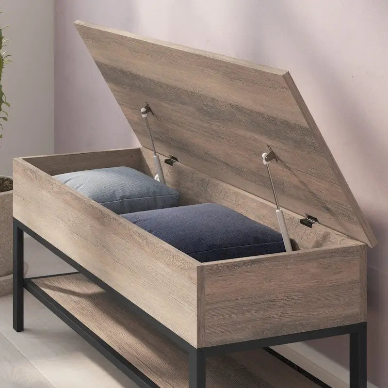 Banc de rangement relevable rustique en chêne/noyer/gris avec étagère inférieure – Style rustique, pour 1 à 2 personnes