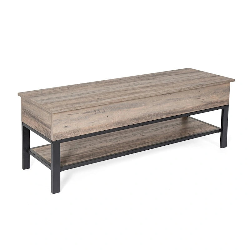 Banc de rangement relevable rustique en chêne/noyer/gris avec étagère inférieure – Style rustique, pour 1 à 2 personnes