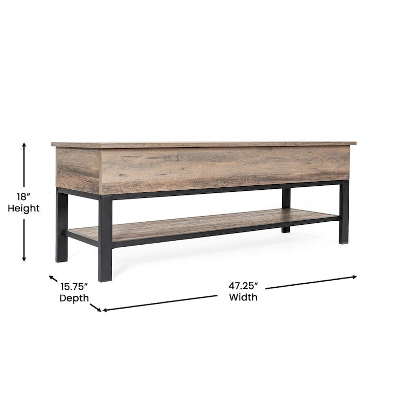Banc de rangement relevable rustique en chêne/noyer/gris avec étagère inférieure – Style rustique, pour 1 à 2 personnes
