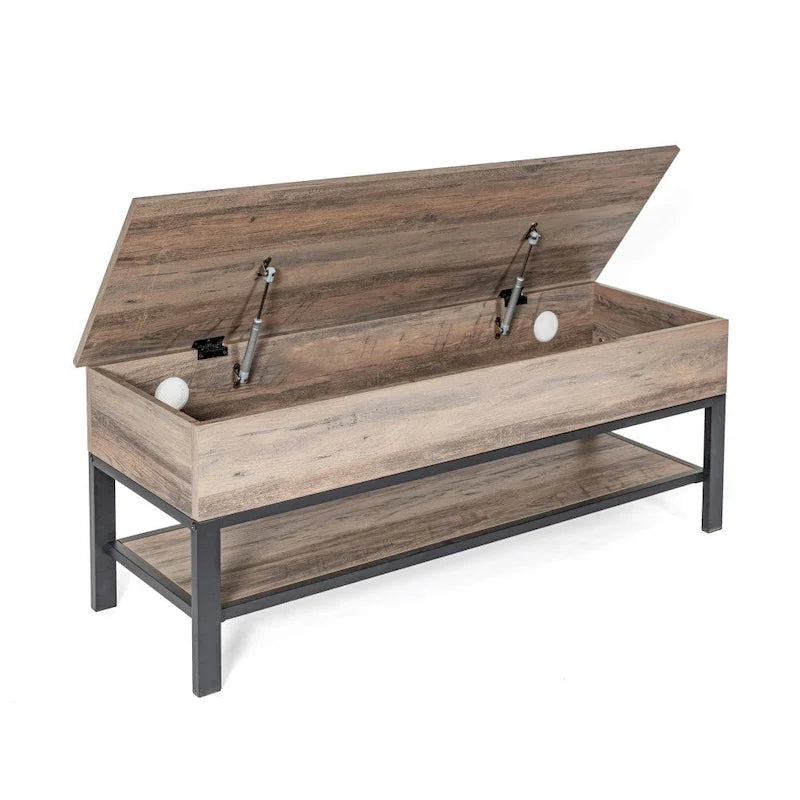 Banc de rangement relevable rustique en chêne/noyer/gris avec étagère inférieure – Style rustique, pour 1 à 2 personnes