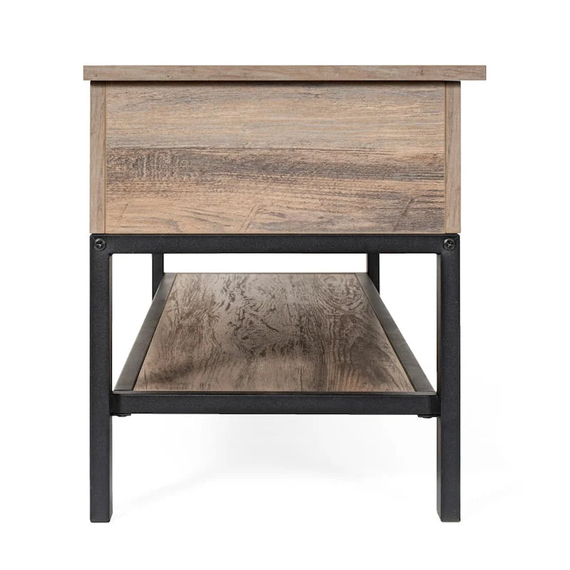 Banc de rangement relevable rustique en chêne/noyer/gris avec étagère inférieure – Style rustique, pour 1 à 2 personnes