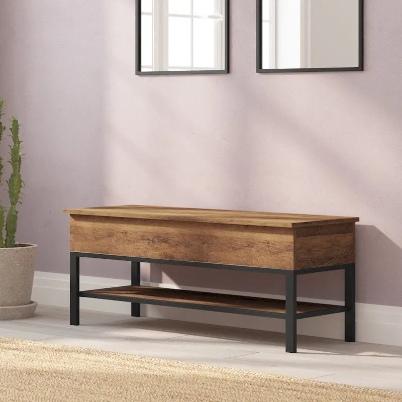 Banc de rangement relevable rustique en chêne/noyer/gris avec étagère inférieure – Style rustique, pour 1 à 2 personnes
