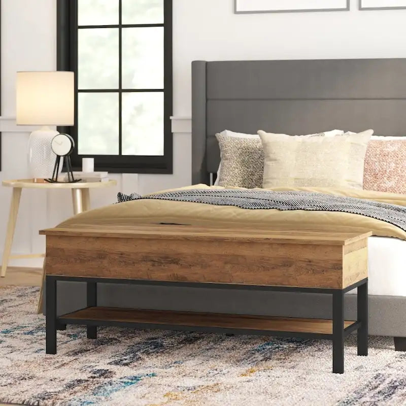 Banc de rangement relevable rustique en chêne/noyer/gris avec étagère inférieure – Style rustique, pour 1 à 2 personnes
