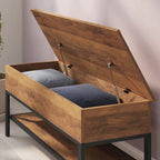 Banc de rangement relevable rustique en chêne/noyer/gris avec étagère inférieure – Style rustique, pour 1 à 2 personnes