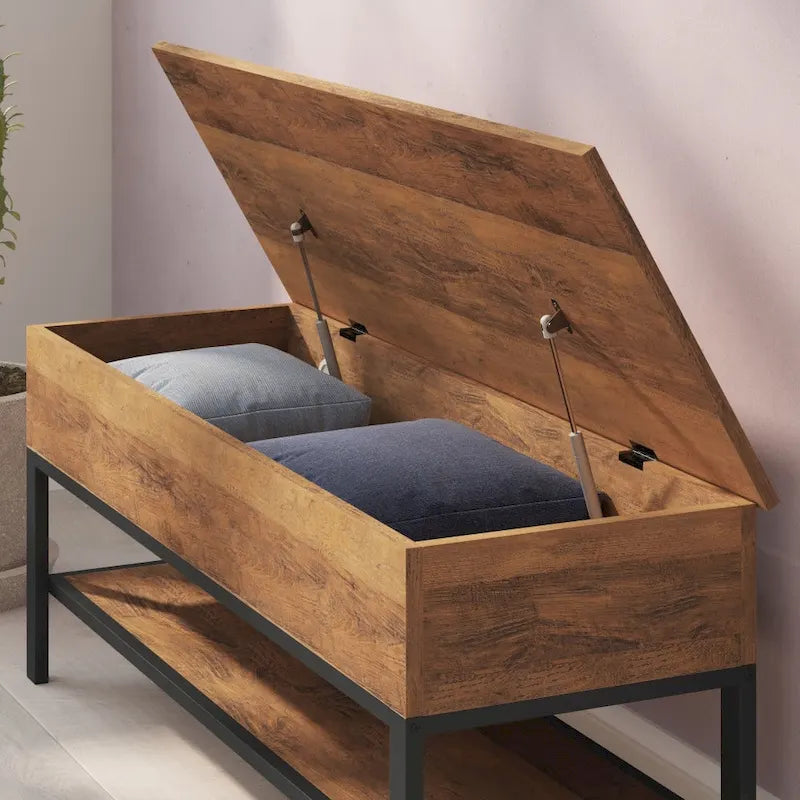 Banc de rangement relevable rustique en chêne/noyer/gris avec étagère inférieure – Style rustique, pour 1 à 2 personnes
