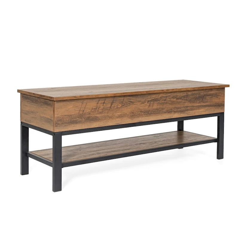 Banc de rangement relevable rustique en chêne/noyer/gris avec étagère inférieure – Style rustique, pour 1 à 2 personnes
