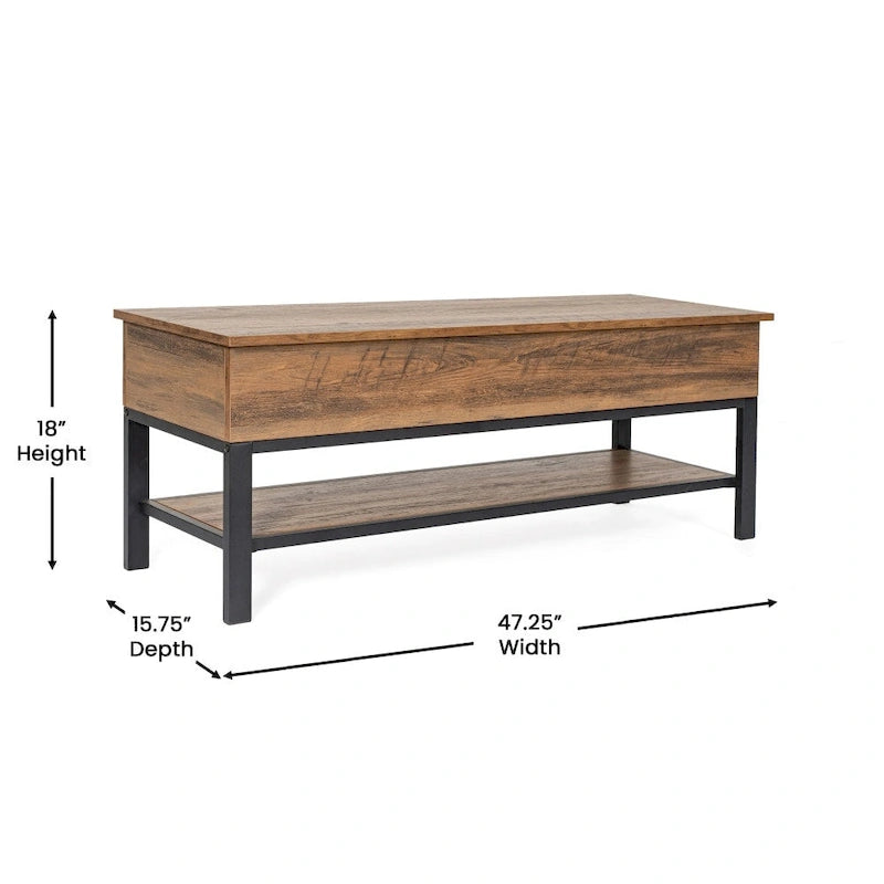Banc de rangement relevable rustique en chêne/noyer/gris avec étagère inférieure – Style rustique, pour 1 à 2 personnes