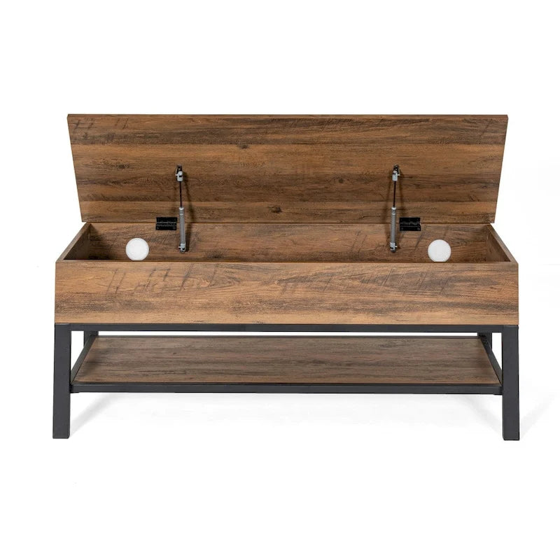 Banc de rangement relevable rustique en chêne/noyer/gris avec étagère inférieure – Style rustique, pour 1 à 2 personnes