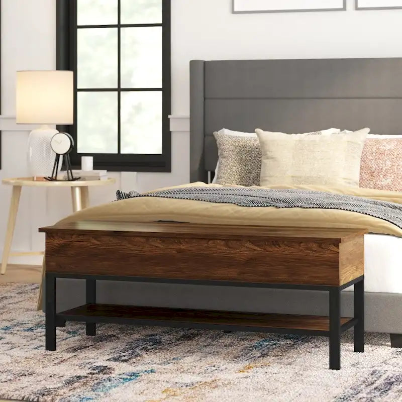 Banc de rangement relevable rustique en chêne/noyer/gris avec étagère inférieure – Style rustique, pour 1 à 2 personnes