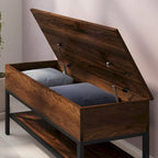 Banc de rangement relevable rustique en chêne/noyer/gris avec étagère inférieure – Style rustique, pour 1 à 2 personnes