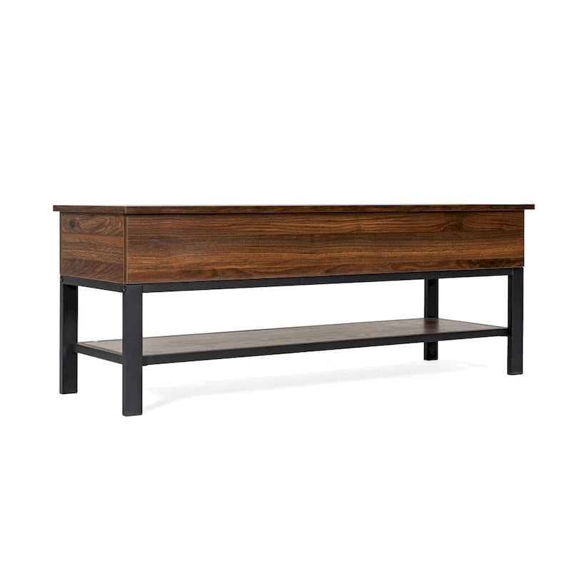Banc de rangement relevable rustique en chêne/noyer/gris avec étagère inférieure – Style rustique, pour 1 à 2 personnes