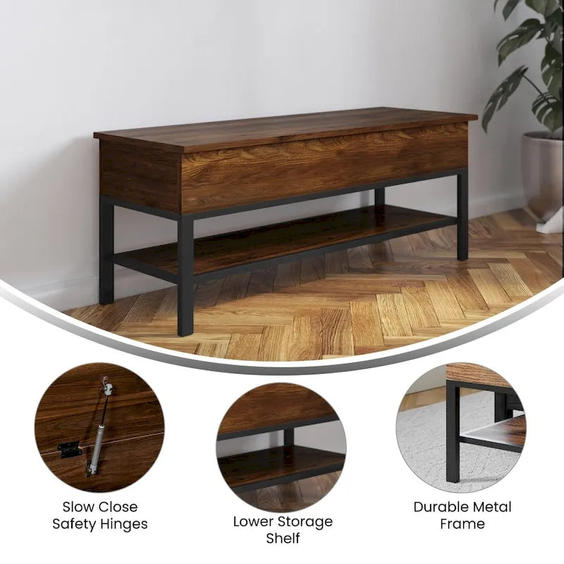 Banc de rangement relevable rustique en chêne/noyer/gris avec étagère inférieure – Style rustique, pour 1 à 2 personnes