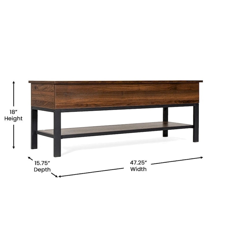 Banc de rangement relevable rustique en chêne/noyer/gris avec étagère inférieure – Style rustique, pour 1 à 2 personnes