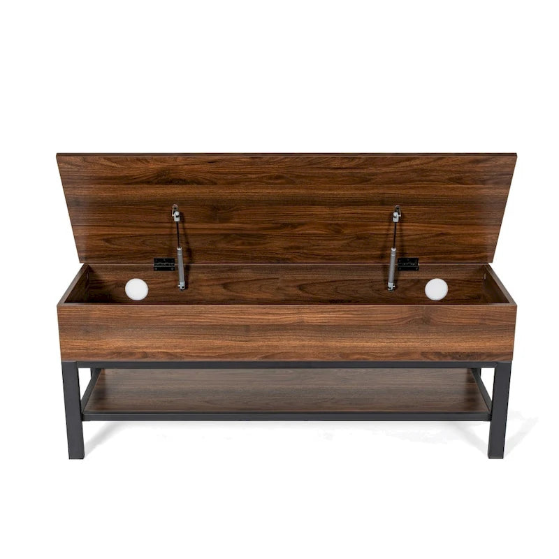 Banc de rangement relevable rustique en chêne/noyer/gris avec étagère inférieure – Style rustique, pour 1 à 2 personnes