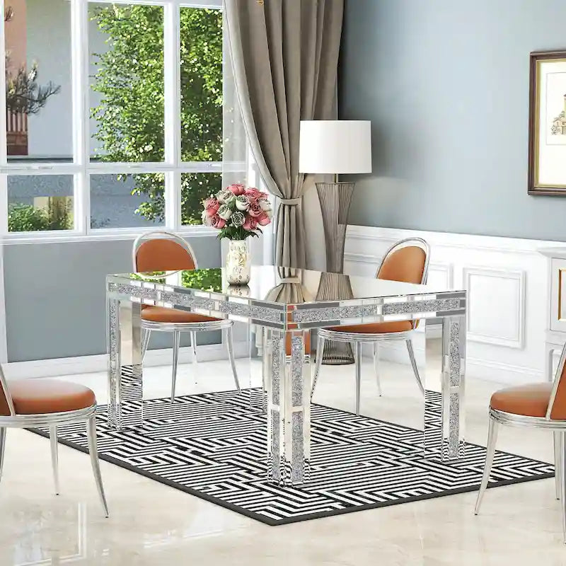 Table à manger rectangulaire miroir argenté avec détails en diamant concassé – Peut accueillir jusqu'à 6 personnes