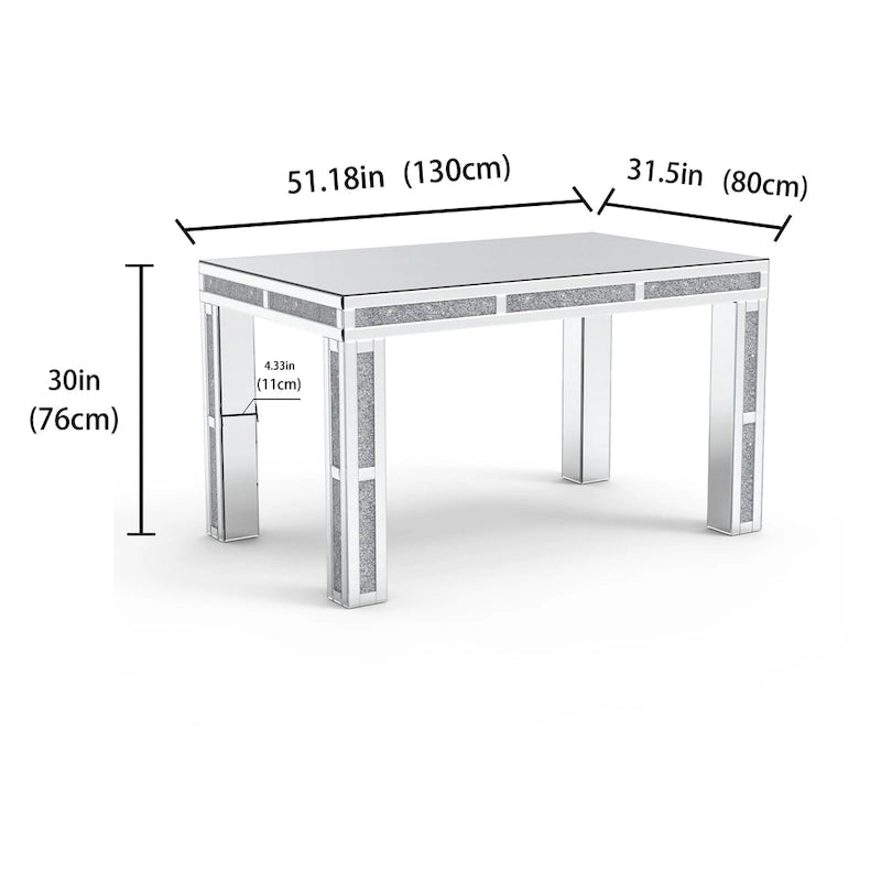 Table à manger rectangulaire miroir argenté avec détails en diamant concassé – Peut accueillir jusqu'à 6 personnes