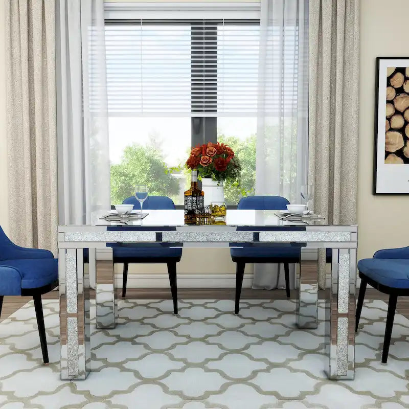 Table à manger rectangulaire miroir argenté avec détails en diamant concassé – Peut accueillir jusqu'à 6 personnes