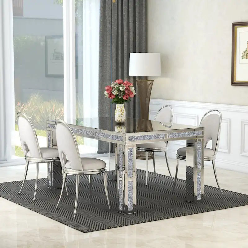 Table à manger rectangulaire miroir argenté avec détails en diamant concassé – Peut accueillir jusqu'à 6 personnes