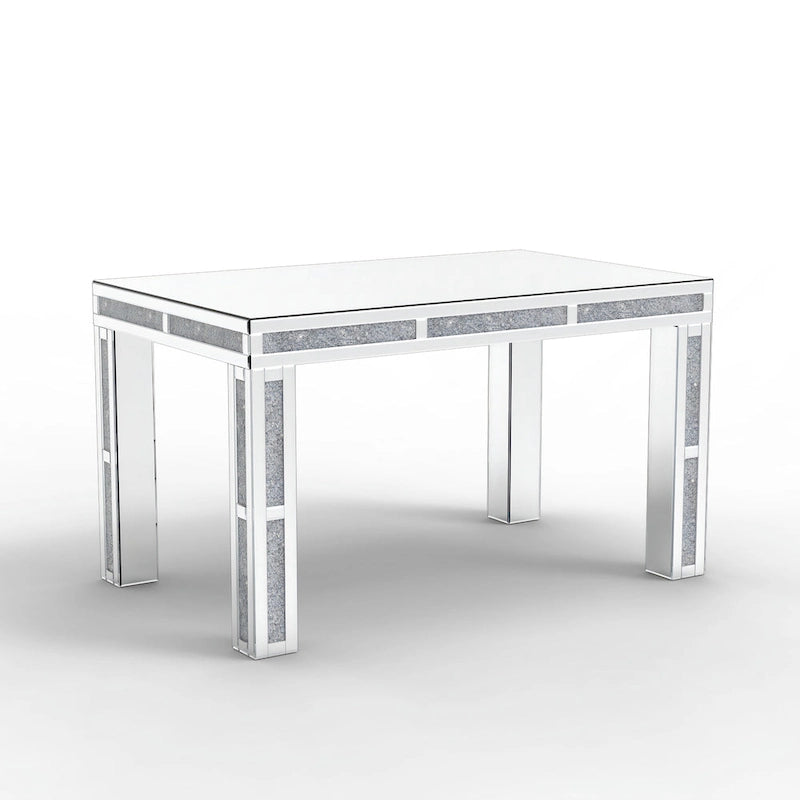 Table à manger rectangulaire miroir argenté avec détails en diamant concassé – Peut accueillir jusqu'à 6 personnes