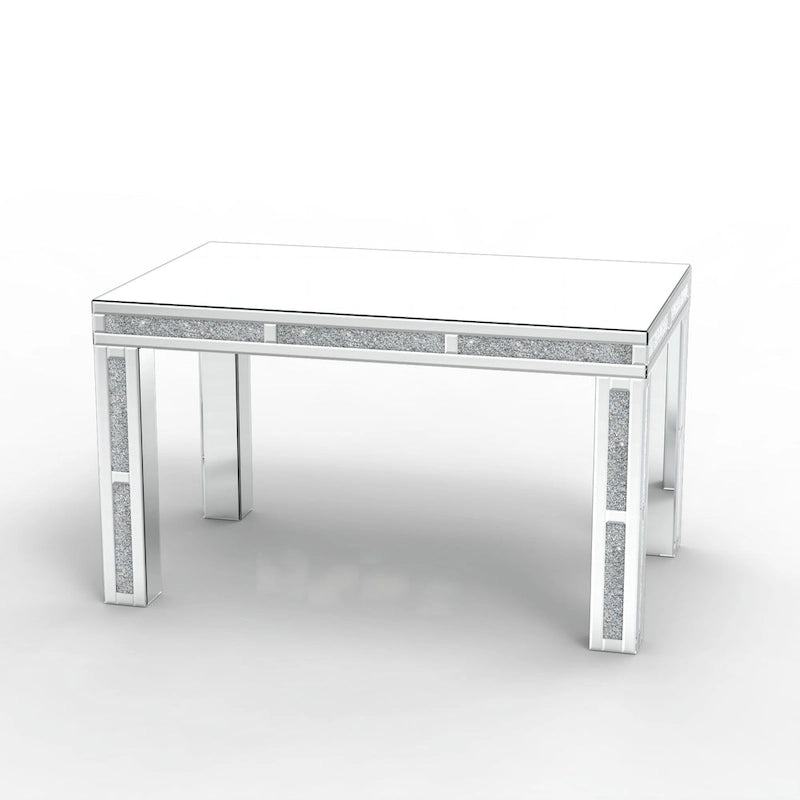 Table à manger rectangulaire miroir argenté avec détails en diamant concassé – Peut accueillir jusqu'à 6 personnes