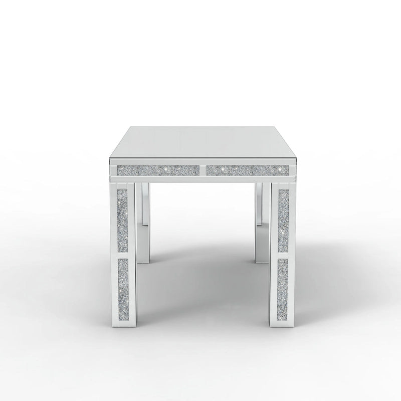 Table à manger rectangulaire miroir argenté avec détails en diamant concassé – Peut accueillir jusqu'à 6 personnes