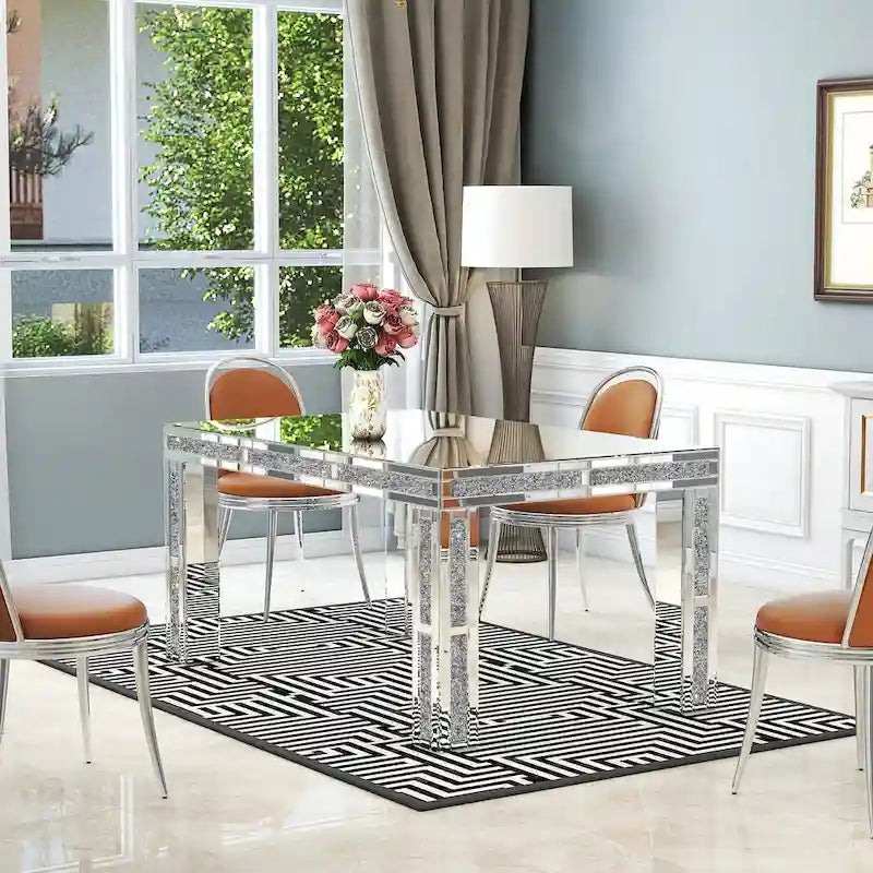 Table à manger rectangulaire miroir argenté avec détails en diamant concassé – Peut accueillir jusqu'à 6 personnes