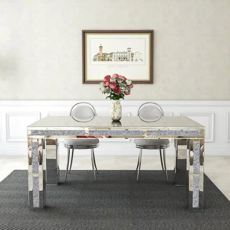 Table à manger rectangulaire miroir argenté avec détails en diamant concassé – Peut accueillir jusqu'à 6 personnes
