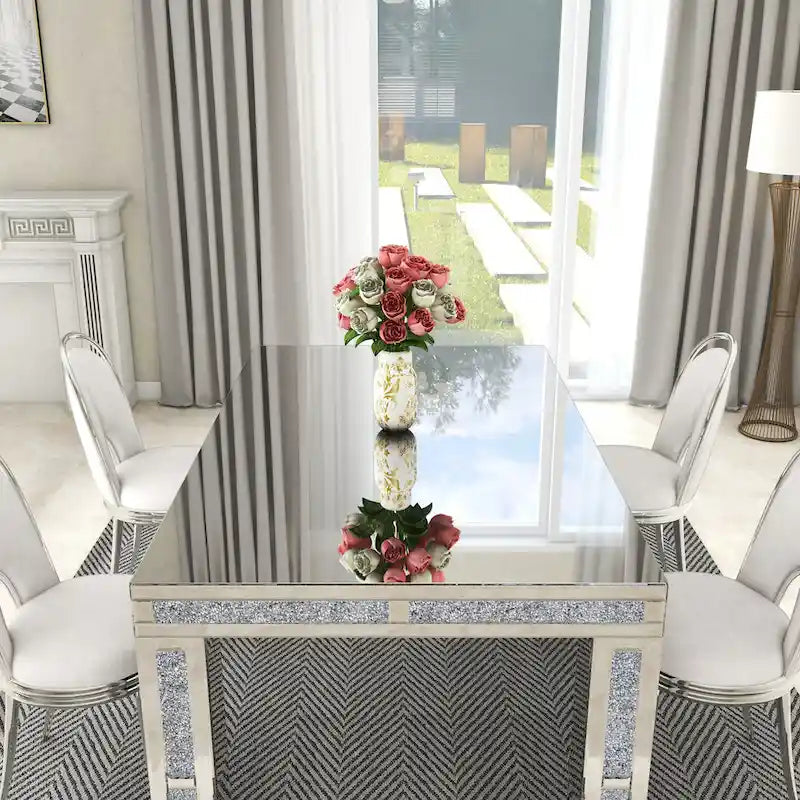 Table à manger rectangulaire miroir argenté avec détails en diamant concassé – Peut accueillir jusqu'à 6 personnes