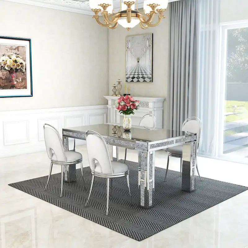 Table à manger rectangulaire miroir argenté avec détails en diamant concassé – Peut accueillir jusqu'à 6 personnes